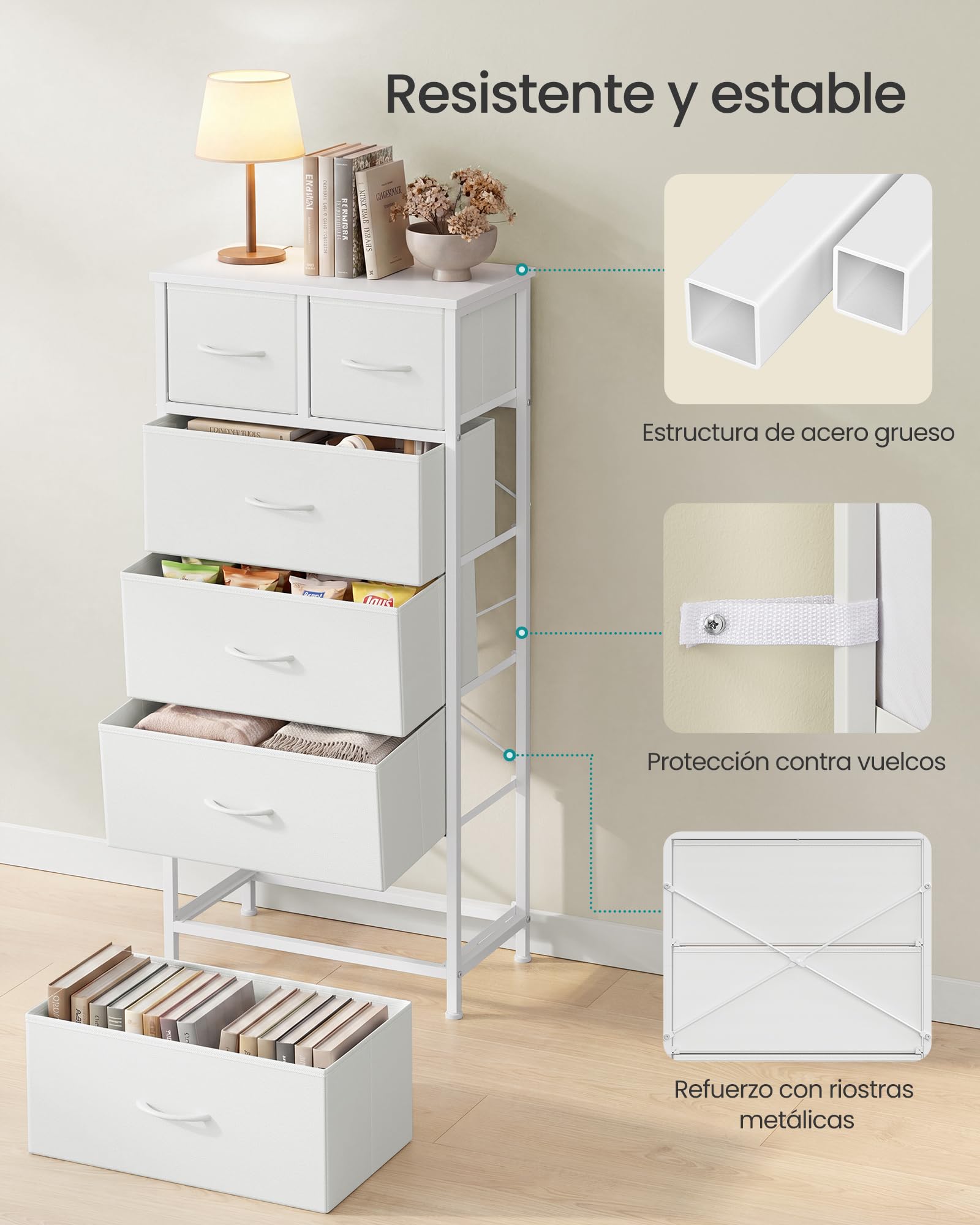 SONGMICS Cómoda con 6 Cajones de Tela, Mueble Organizador con Estructura de Acero, 50,6 x 30 x 117,7 cm, para Dormitorio, Salón, Pasillo, Blanco Nieve, Colección BELLAH LGS541W101