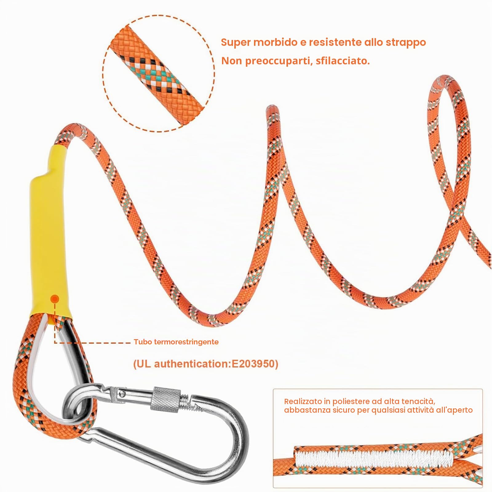 10mm Corda da Arrampicata 70m Corda per Arrampicata Statica Sicurezza con 2 Moschettone ad Alta Resistenza Carico di Rottura: 1500kg per Alpinismo Fuga Strumenti Salvavita