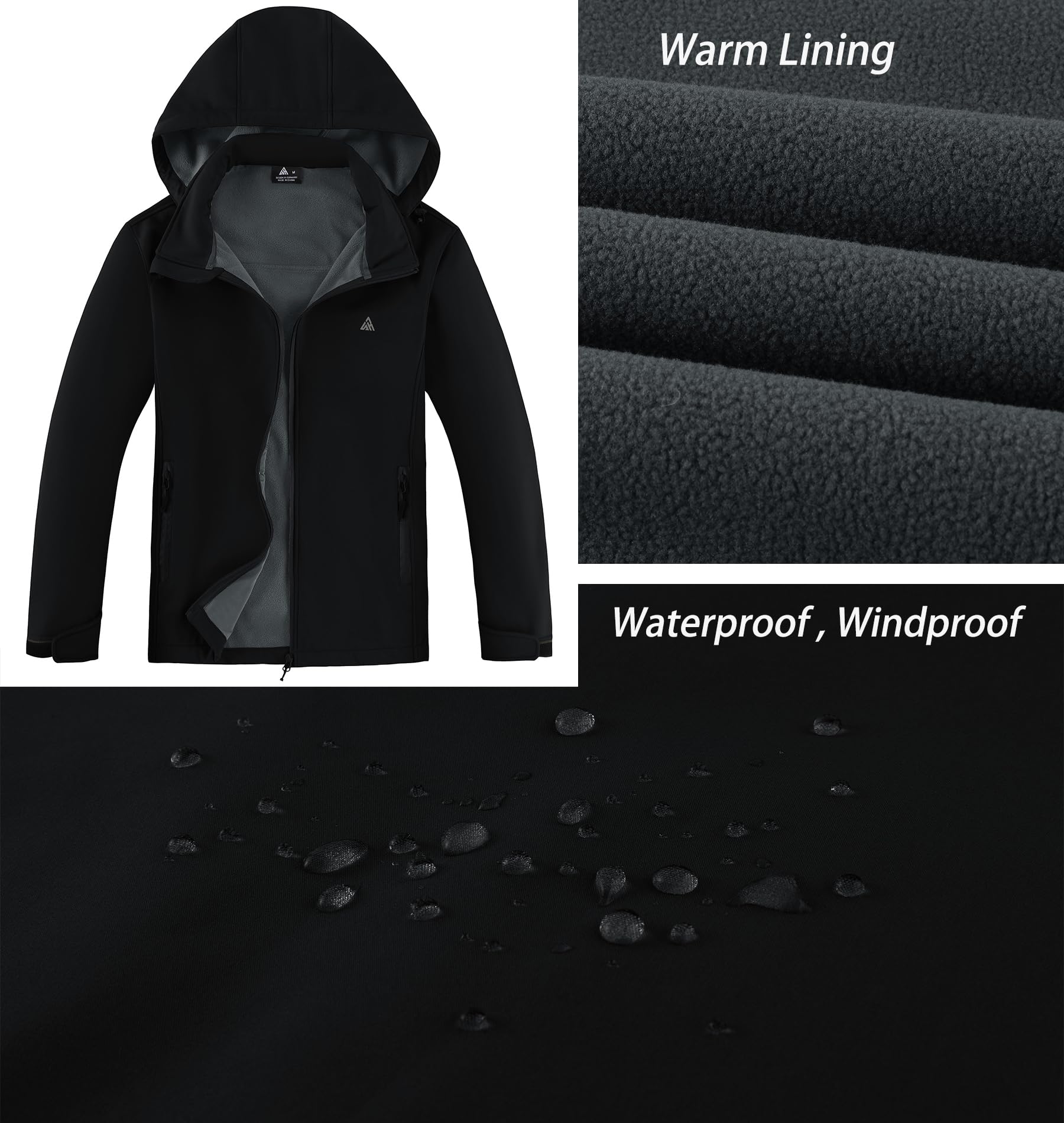 ZITY Veste de Randonnée Homme Polaires Veste Softshell Blousons Chaude à Capuche Hiver Manteaux Imperméables avec Poches pour Camping Pêche