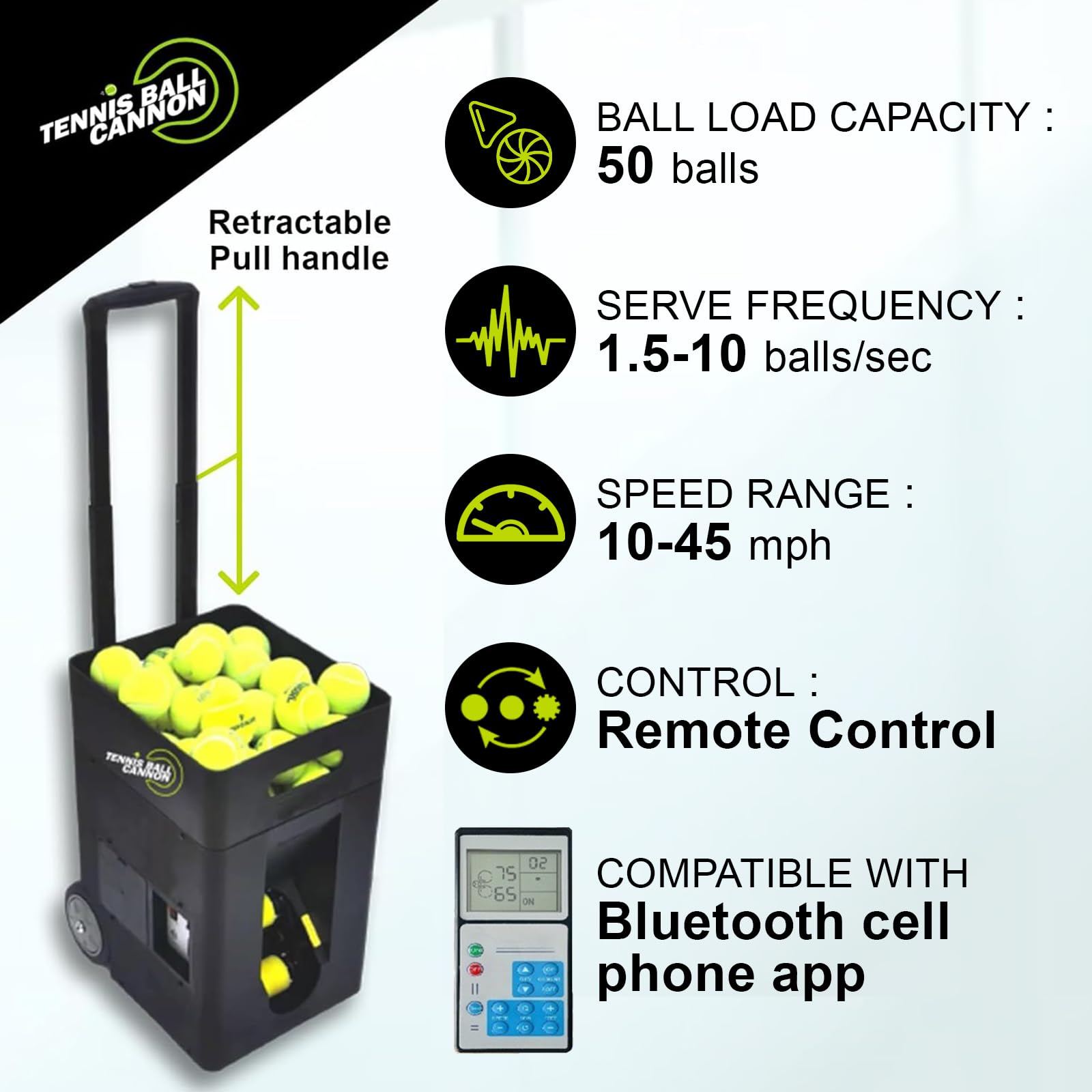 Cannon - Máquina portátil de pelotas de tenis (solo pesa 22 libras) para principiantes, motor dual para giro superior y retroceso, más de 50 pelotas, máximo 45 MPH, más de 4 horas de juego con batería