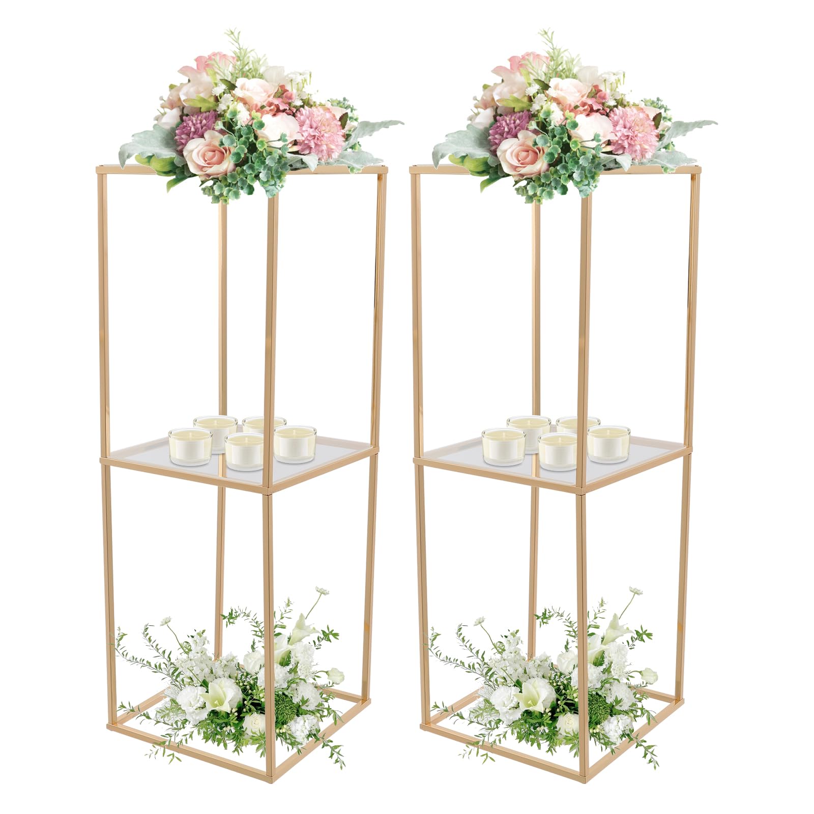 2 metalowe stojaki na kwiaty, 80 x 28 x 28 cm, kwadratowy regał na kwiaty z przezroczystymi panelami, obciążenie 3 kg, dekoracja na wesele, imprezę