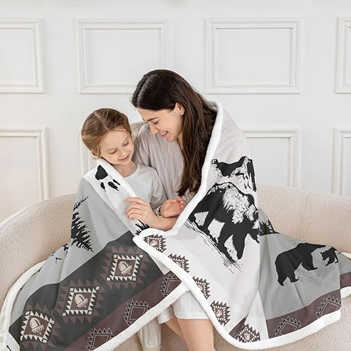 Miniatura 2 de Manfei Manta rústica de granja, manta de retazos con diseño de oso y ciervo, para niños y adultos, manta temática de aventura para sofá, manta de
