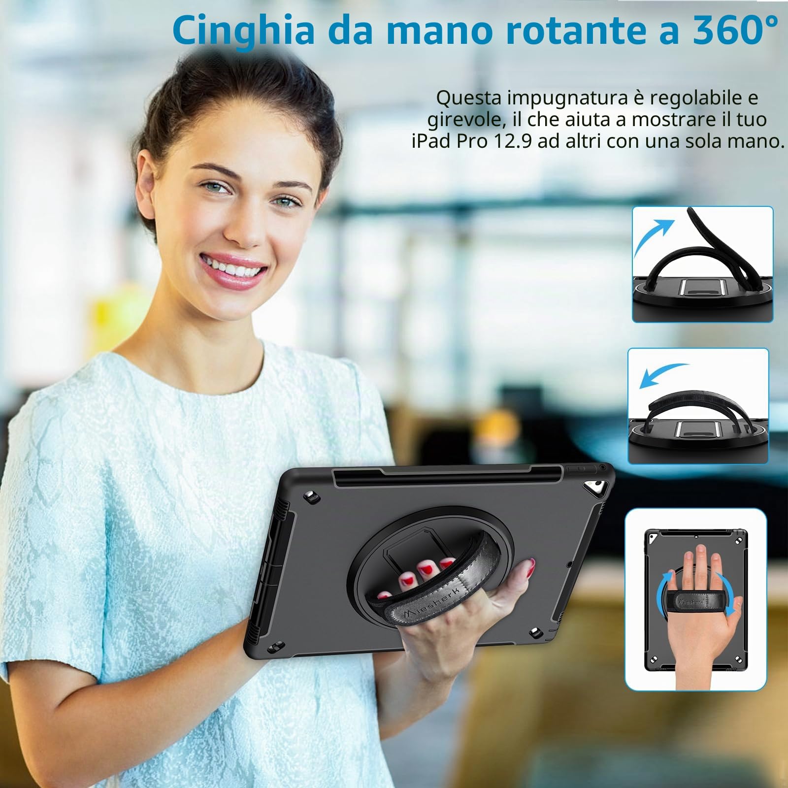 Miesherk Custodia Case per iPad Pro 12.9 2a/1a Generazione 2017/2015: Robusta Protettiva Antiurto Militare per iPad Pro 12.9 Pollici-Portapenne-Supporto Rotante-Tracolla da Mano/Tracolla-Nero