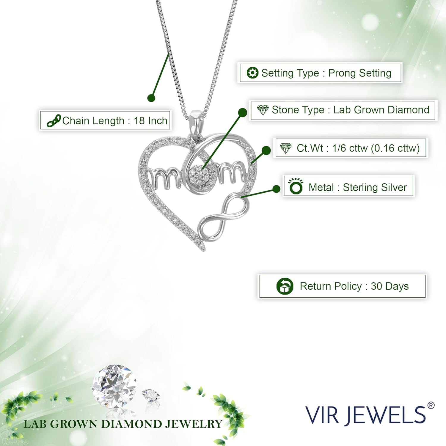 VIR JEWELS 1/6 cttw Lab Grown Diamond MOM Pendant Necklace in Sterling Silver with Chain - Image 2