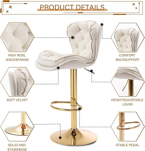 Miniatura 5 de Juego de 2 taburetes de bar giratorios de altura de mostrador con parte trasera tapizada de terciopelo, taburete ajustable, taburete de bar moderno