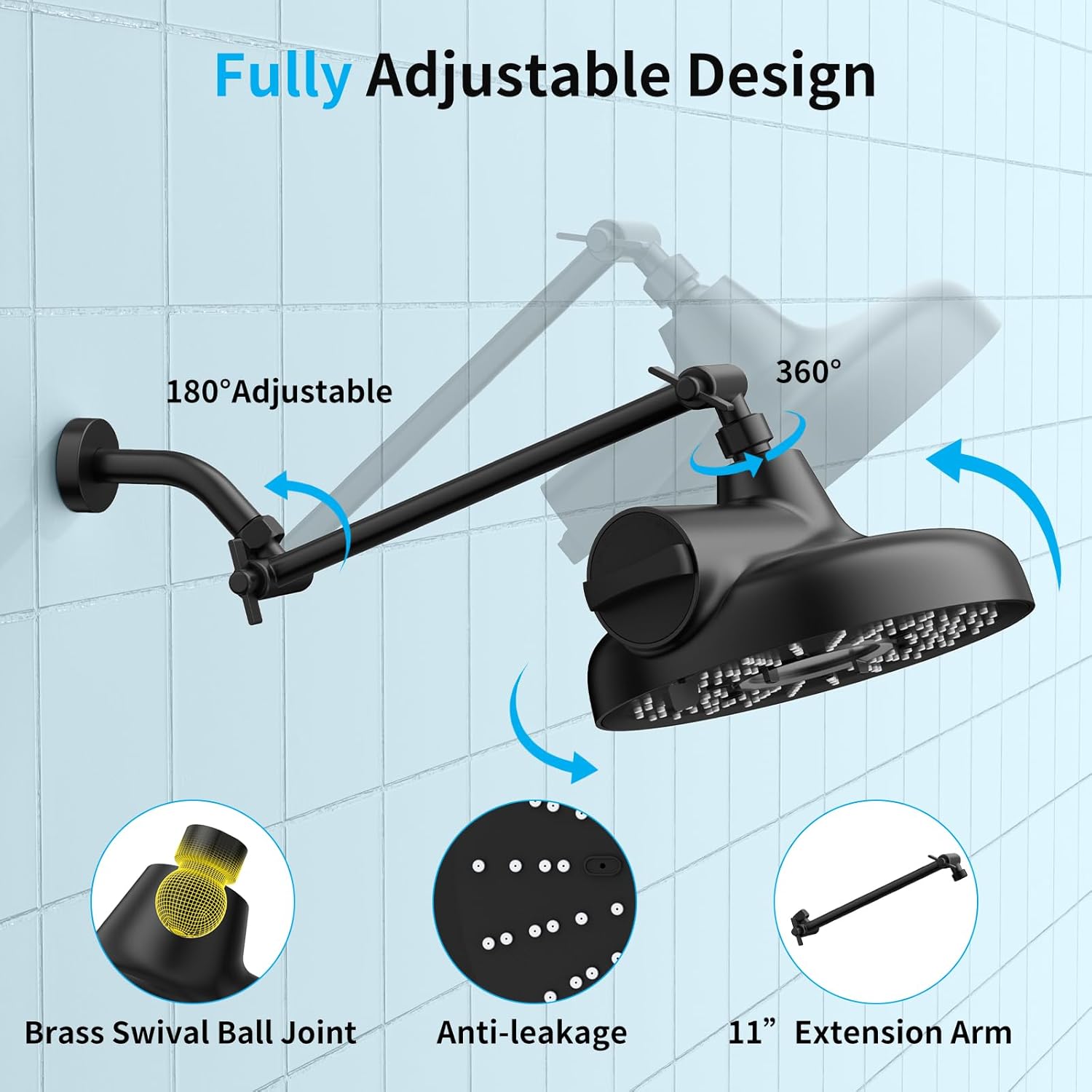 ed Shower Head with Extens Arm - 8 Inch High Output