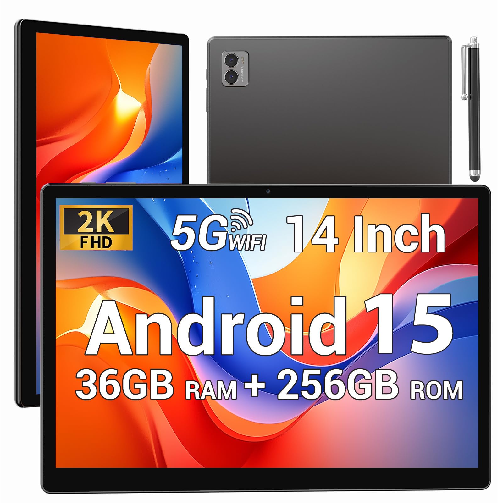 Tablet 14 Pulgadas Android 15 Tableta 5G WiFi,11580mAh y 20W,36GB RAM+256GB ROM/2000 * 1200 incell FHD/Face ID/GPS/BT 5.0/TÜV/USB-C,Tablet con Lapiz,Gris