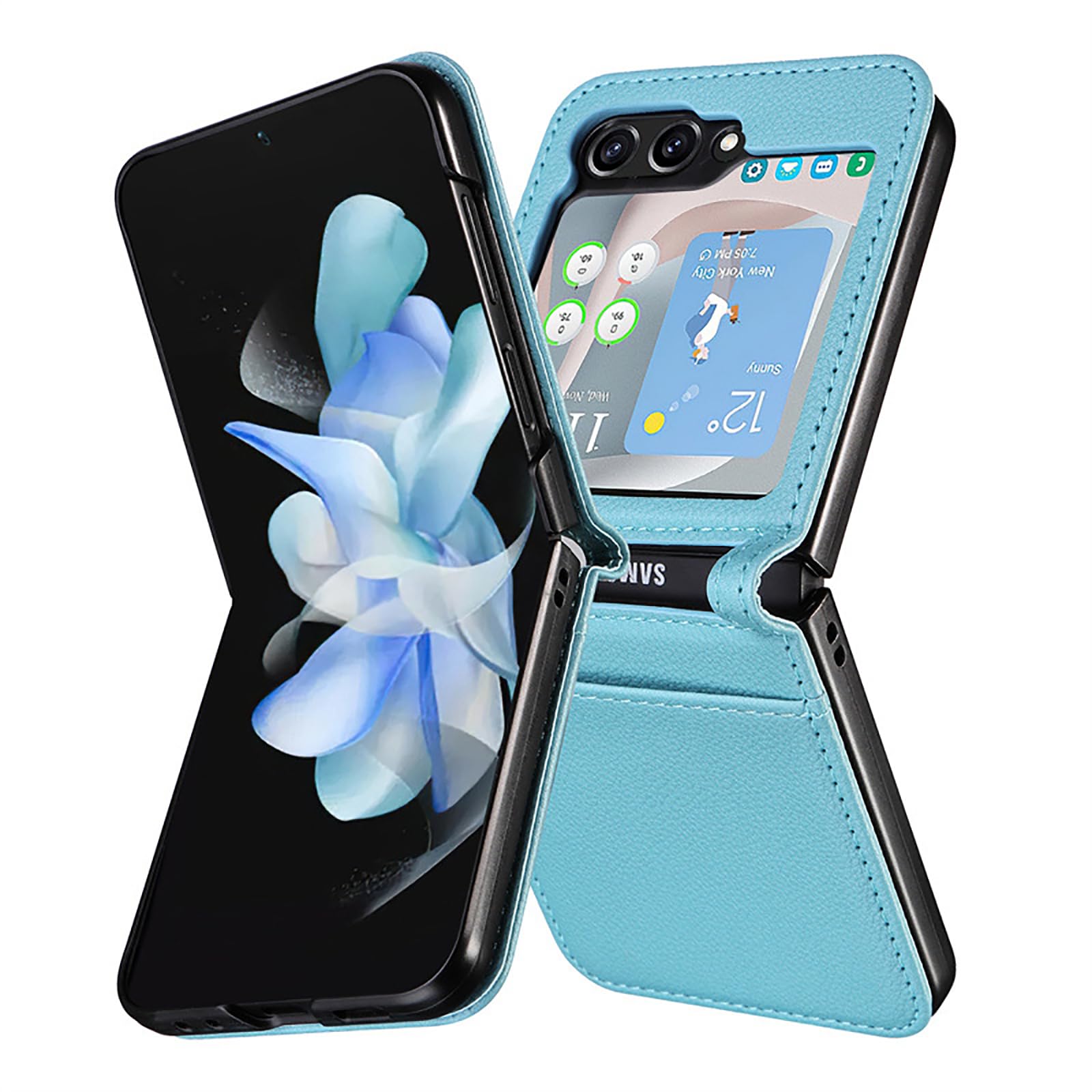 Smukłe etui do Samsung Galaxy Z Flip 6, minimalistyczny wzór liczi, jednoczęściowe skórzane etui z przegródką na karty, obsługa bezprzewodowego ładowania, jasnoniebieskie