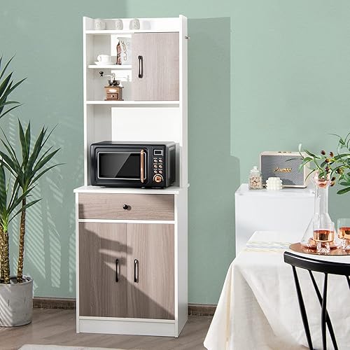 Miniatura 9 de MAT EXPERT Armario de despensa de cocina, gabinete alto de cocina con 3 estantes ajustables, cajón y soporte para microondas, gabinete de buffet
