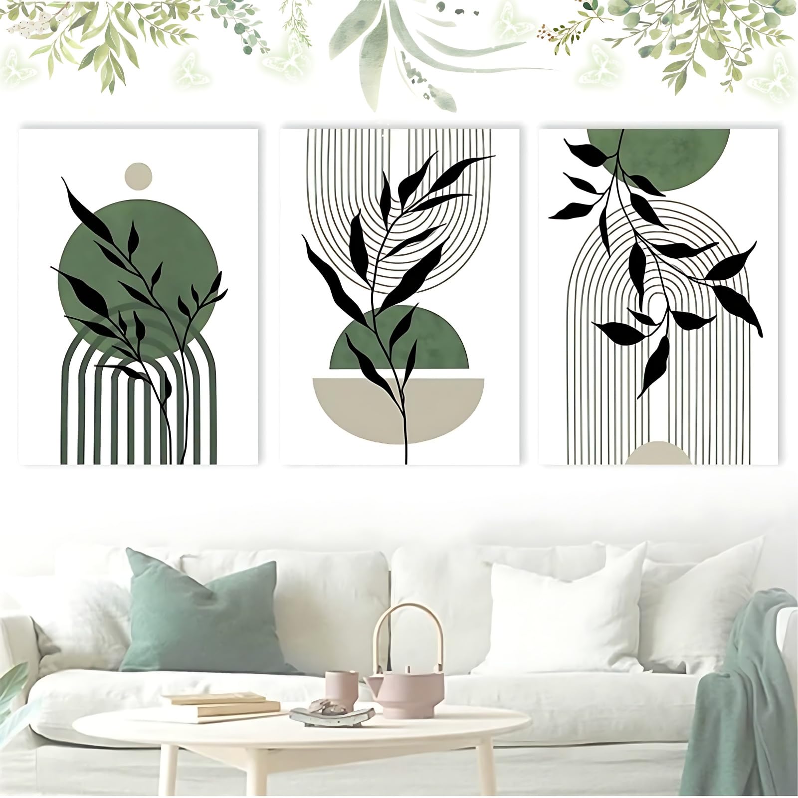 Dazzlewall 3er-Set Leinwandbilder – Salbei Grün, Boho Minimalistisch, Abstrakte Geometrie, 30x40 Cm, Ohne Rahmen – Für Wohnzimmer, Schlafzimmer & Büro