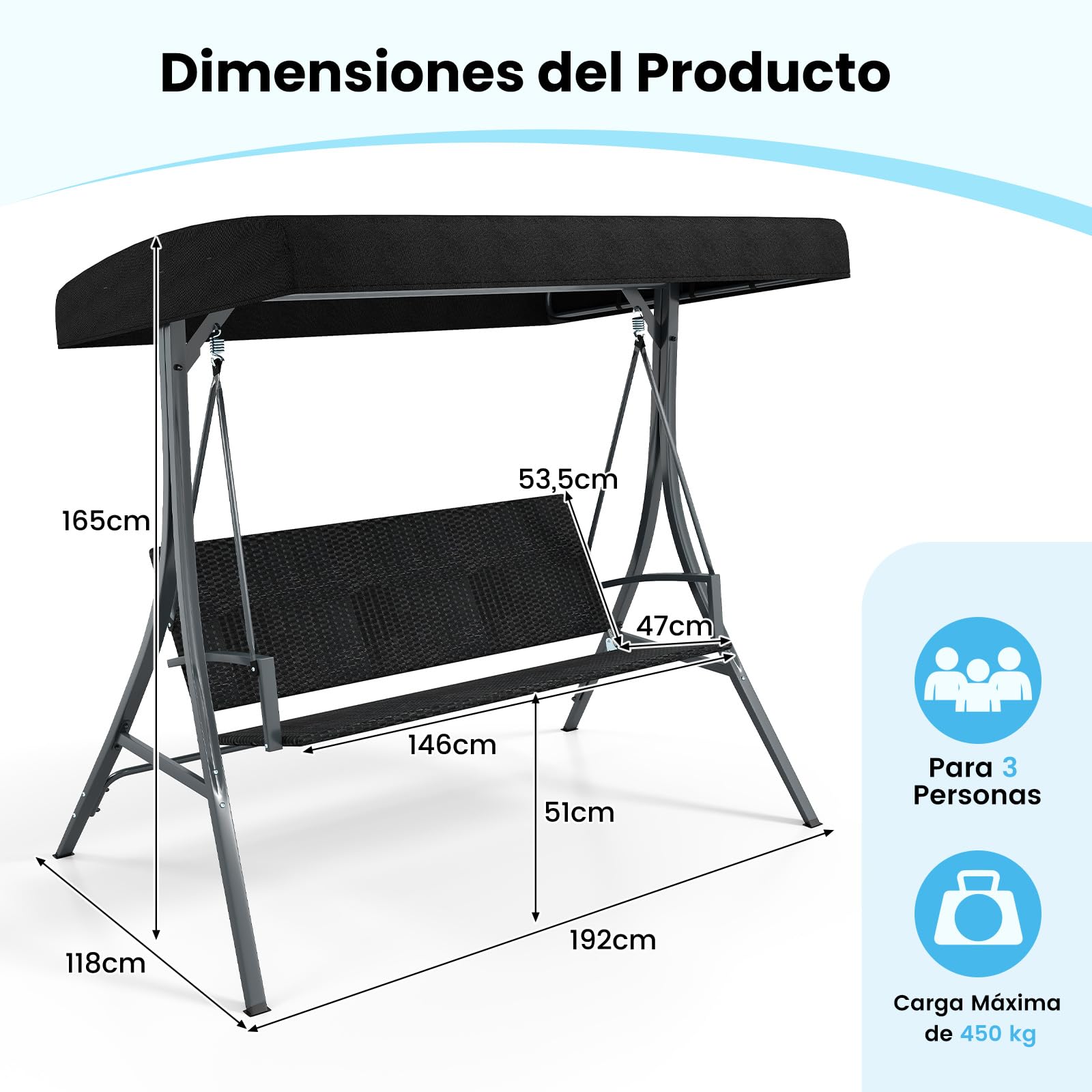COSTWAY Balancin Jardin Exterior de 3 Plazas, Techo Ajustable, Respaldo de Asiento de Ratán, Estructura Metálica, Columpio Jardin Exterior Porche Patio Trasero, 121 x 145 x 176 cm, Carga 450kg
