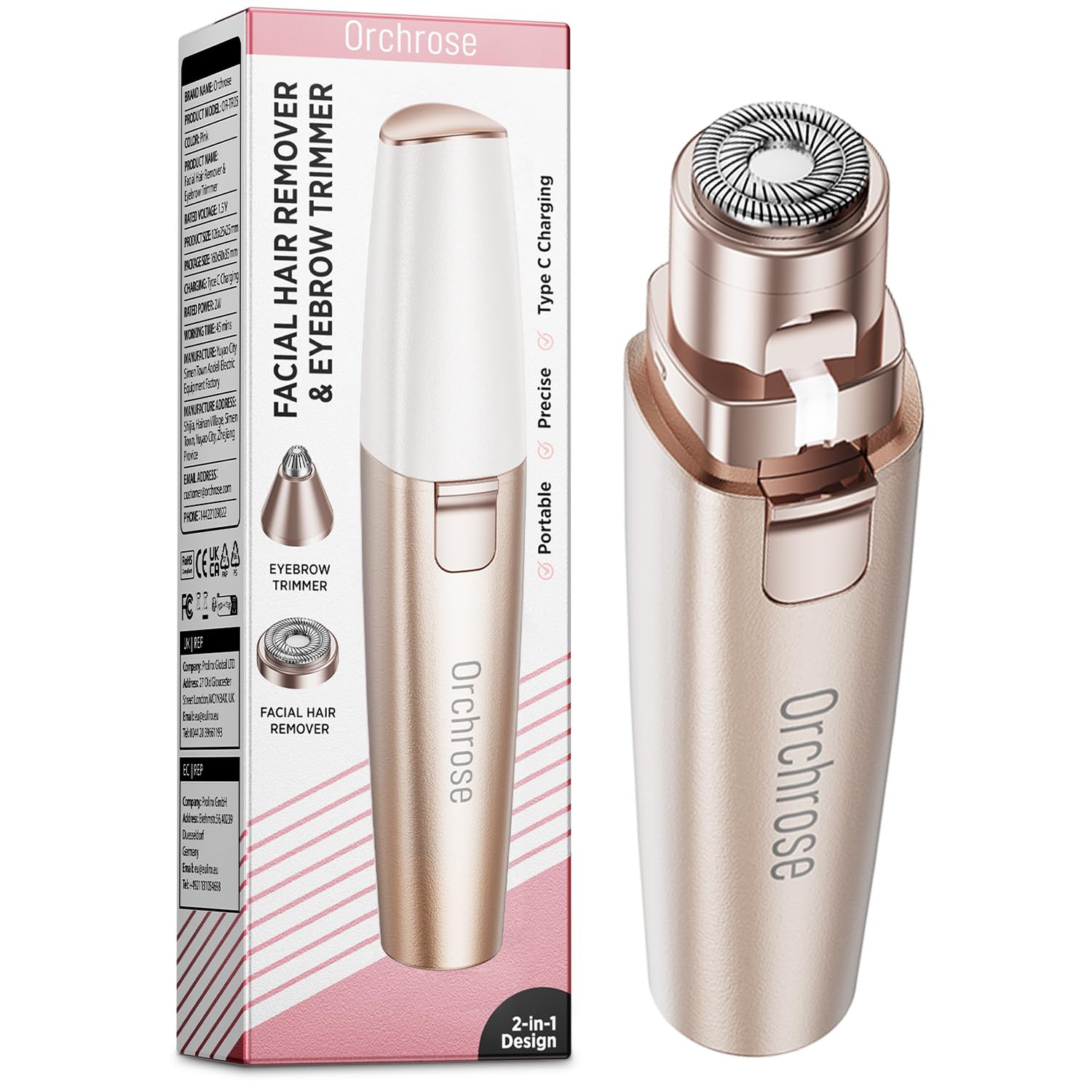 Orchrose Removedor de vello facial recargable para mujer: dispositivo 2 en 1 para dar forma a las cejas y eliminar la pelusa de melocotón facial (oro rosa)