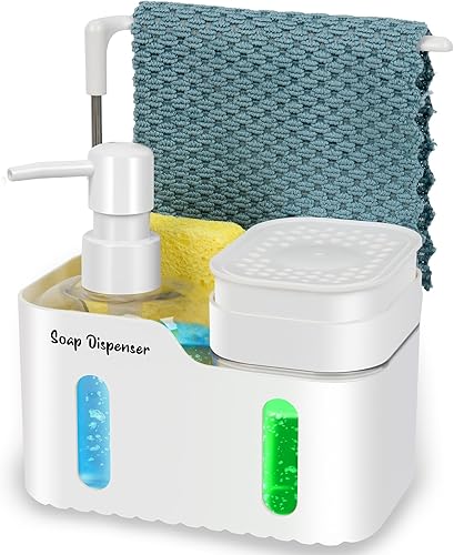 Juego de dispensador de jabón de manos y jabón para platos para cocina, dispensador de jabón doble con soporte para esponja y soporte para paños de