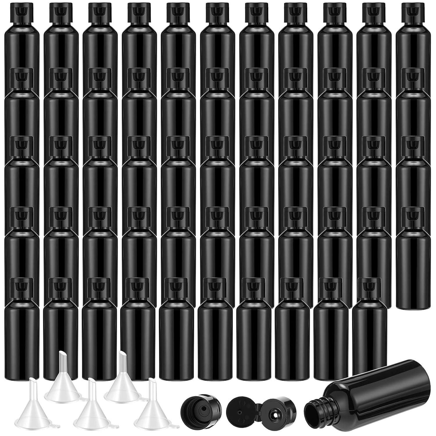 Eccliy 100 Pack 2 oz Plastic Bottles Travel Lotion Bottle Squeeze Container Plastic Bottles with Caps Small Travel Empty Refillable Toiletry Containers for Liquid Lotion Creams with 5 Funnels (Black)