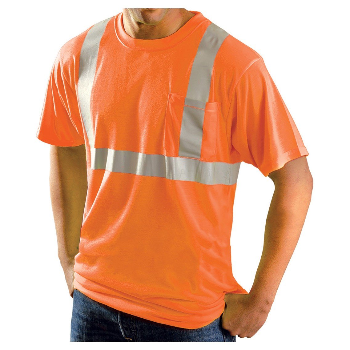 RUGGED BLUE ANSI Class 2 Wicking T-Shirt | High Visibility Shirts for Men | Made of Durable Polyester | Hi-Vis Shirts with Stitched Reflective Tape for Low-Light or Nighttime Visibility | Orange