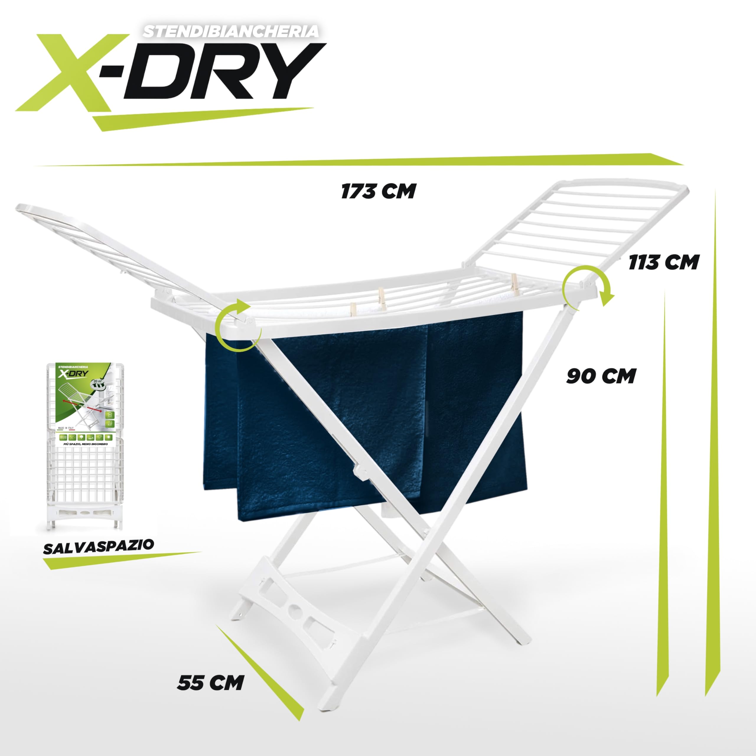 X-DRY Stendibiancheria da Pavimento, Stendino a Cavalletto, da Esterno e Interno, Richiudibile, Spazio di Stenditura 20 mt, in Resina 100%, 173 x 55 x 130h cm, Made in Italy.
