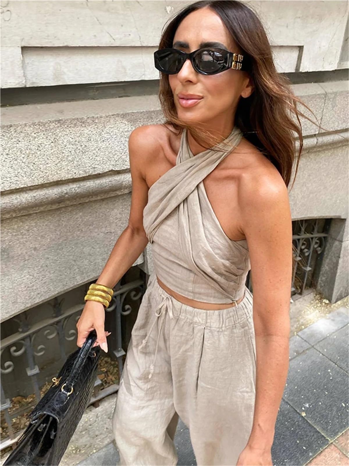Top aderente lacci incrociati Set di pantaloni lino da donna morbidi | Set estivo a due pezzi Streetwear Abiti chic femminili sexy