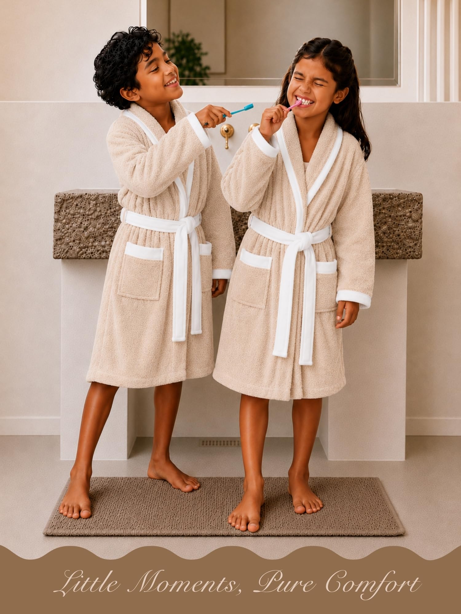 RANGOLI Noble 100% Cotton Terry Kids Bathrobe, 400 GSM, Ultra Soft Plush Hooded Bathrobe for Girls with 2 Pockets and Attached Adjustable Belt | Gown Bathrobe for kids Girls 13-14 Years, Beige 1
