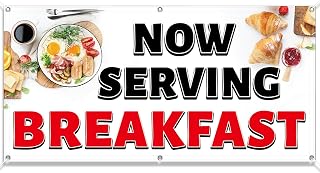 Tudomro 2x4 Feet NOW SERVING BREAKFAST Banner Sign Fabric Polyester With Grommets