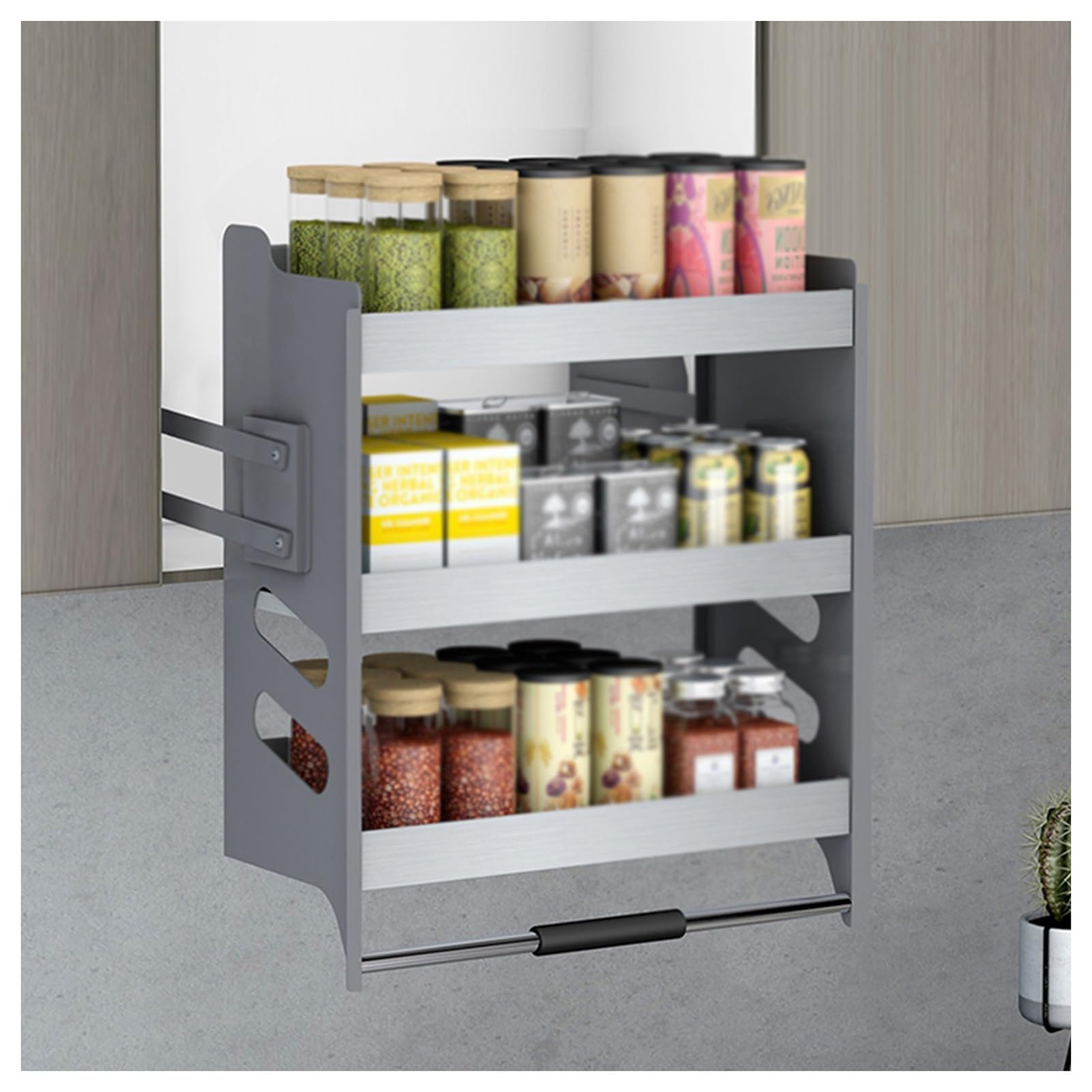 Organizador de Armario abatible de 3 Niveles, estantes abatibles de Acero Inoxidable, Cesta elevadora para Armario de Cocina, Mueble de cafetería, Plateado, 610 x 280 x 630 mm