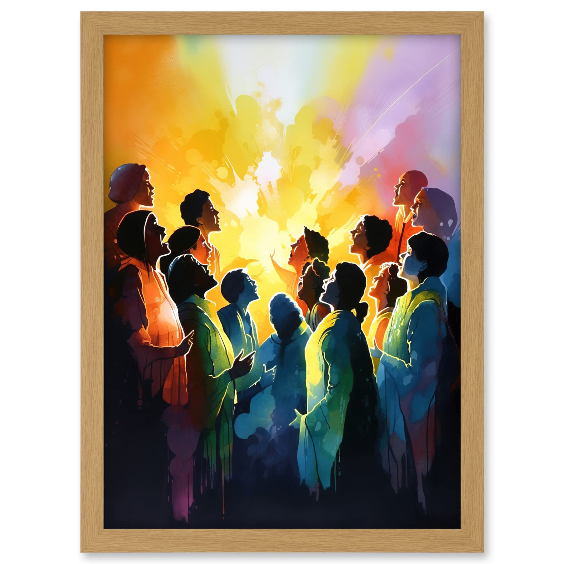 Artery8 Choir Women Singing by Bonfire Modern Rainbow Colour Watercolour Painting Artwork Framed A3 Wall Art Print