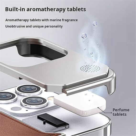 Metal Frameless Case for iPhone 15 Pro Max/15 Pro/15, [Compatible with MagSafe] Sleek Minimalist Ultra Thin Genuine Leather Back Aluminum Alloy Aromatherapy Shell