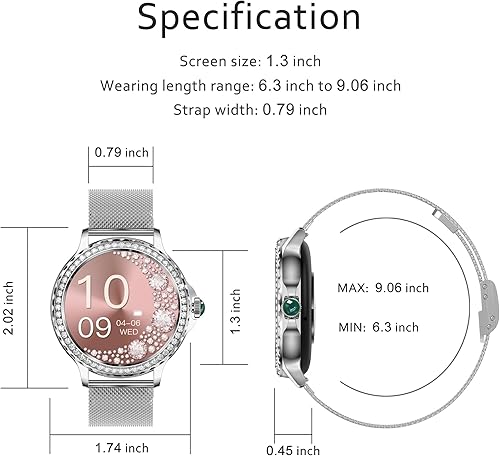 Miniatura 9 de Pard Reloj inteligente para mujer, pantalla HD de 1.3", diseño refinado, con detección de sueño, frecuencia cardíaca/presión arterial para
