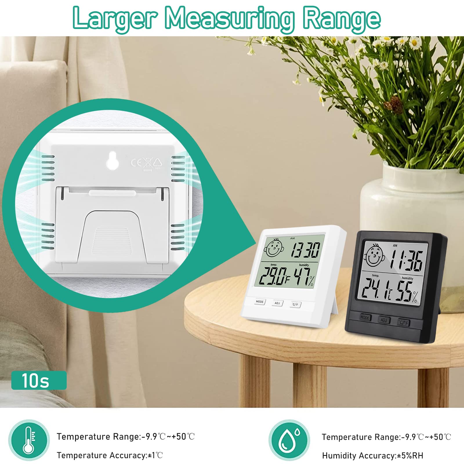 Hygromètre Numérique avec Horloge Lot de 2 - Thermomètre Intérieur Blanc et Noir