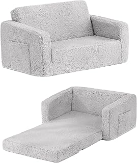 YOTATING Kids Sofa Chair, 2 in 1 Toddler Fold Out Couch, Comfy Double Kids Sofa Bed for Playroom-Extra Soft 2 Seats, Children Couch to Lounger for Girls Boys, Grey