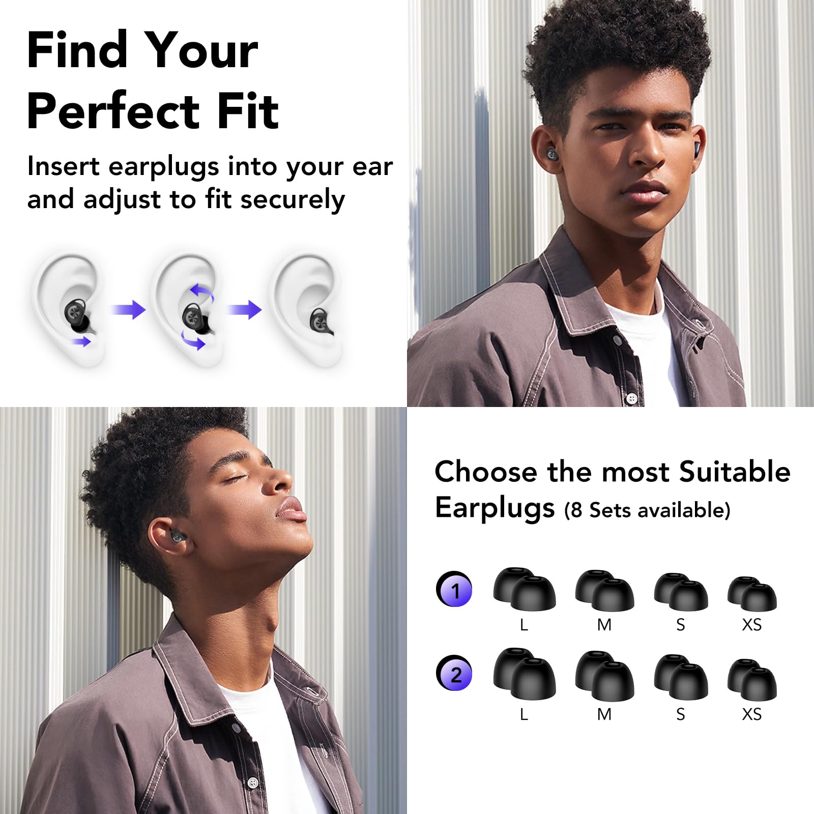 CASCHO Ear Plugs for Sleeping Noise Cancelling 45dB, Reusable Silicone Earplugs with 8 Eartips and Travel Case, Soft Comfort Hearing Protection for Concerts, Snoring, Travel, Study (Black) in use