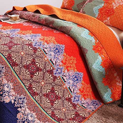 Exclusivo Mezcla Cotton Boho Queen Size Quilt Set, Soft Reversible Bohemian Bedspreads Lightweight Bedding Set Bed Cover For All Seasons, 3 Piece (1 Quilt, 2 Pillow Shams) #TOP2