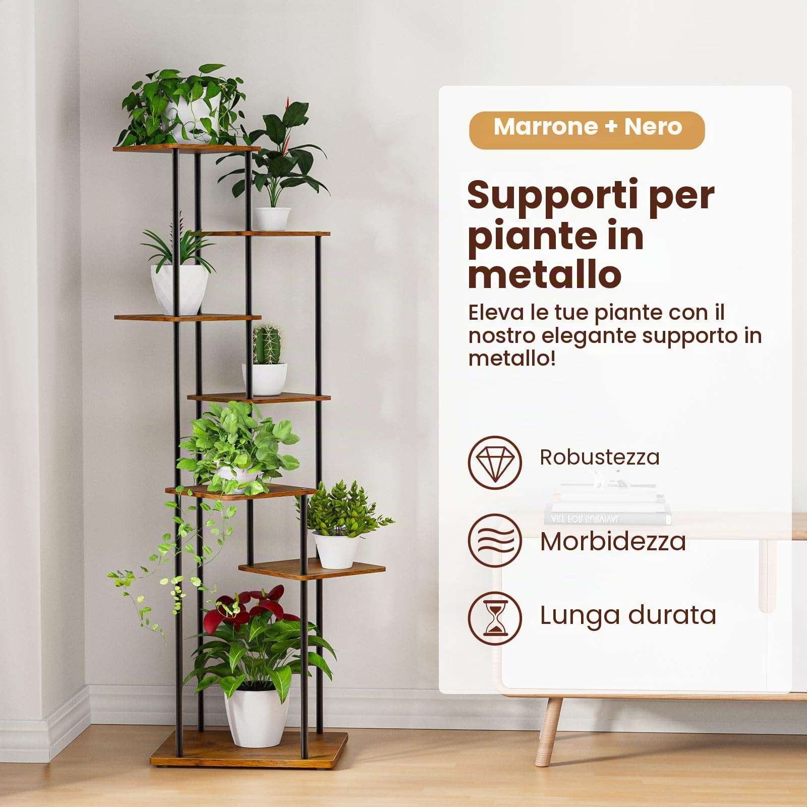 Scaffale Portafiori in Metallo 7 Ripiani Porta Piante Da Interno 30x39x130 cm Supporto Per Piante In Legno Adatto per Interni ed Esterni, Decorazione per Balcone da Giardino, Soggiorno, Ufficio, Nero
