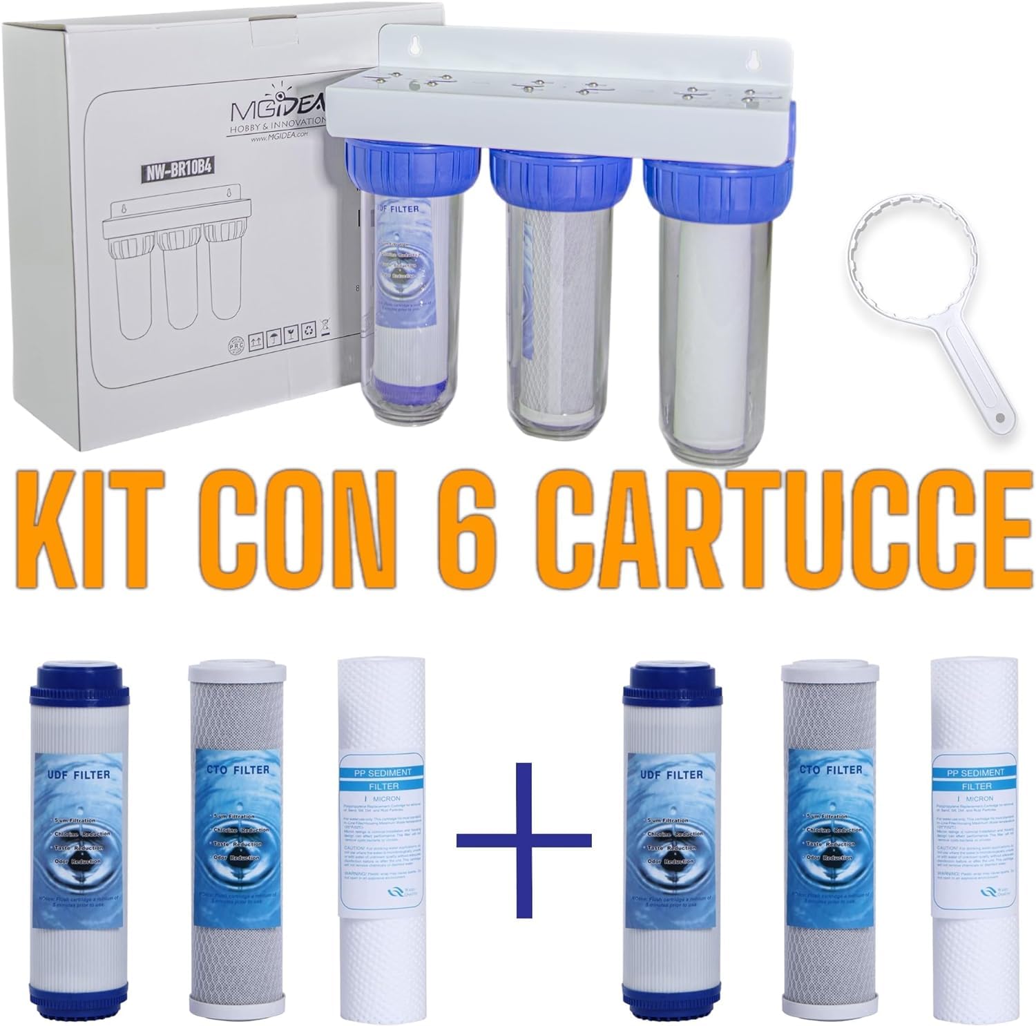 filtro acqua tre stadi sei cartucce NW-BR10B4 filtrazione sedimenti e carboni attivi 1" 1/2" 3/4" (1" (32,89mm))