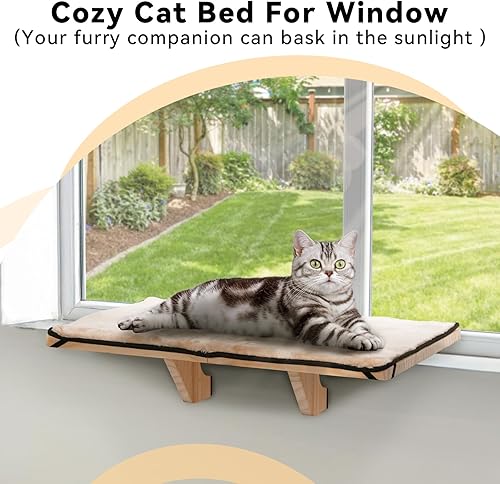 Miniatura 7 de Percha de Ventana para Gatos Petsfit, Hamaca de Gato de Madera Maciza Natural con Estera de Forro Polar Desmontable, Percha de Ventana Fácil de