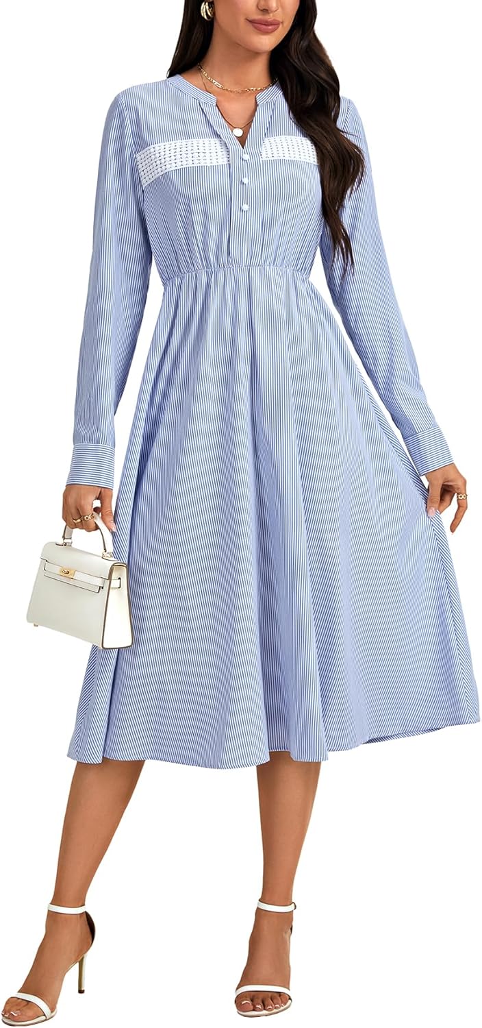 Vrtige Women's Stripe Long Sleeve Button V Neck Pleated Waisted A Line Midi Shirt Dress - Image 4