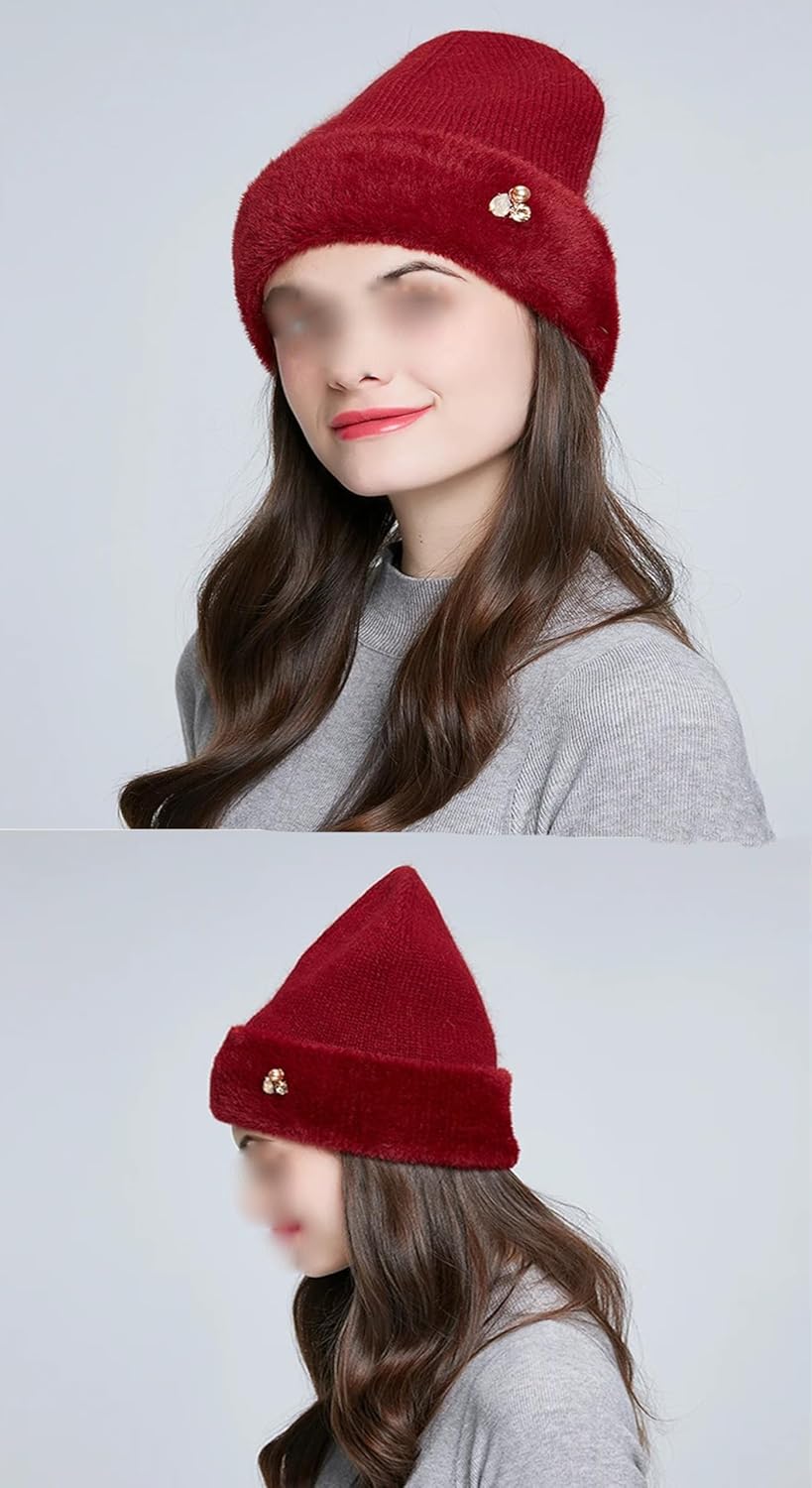 Women's Winter Thick Warm Cuff Beanie Hat Female Fashion Solid Color Casual Knit Wool Hats with Rhinestones for Cold Weather