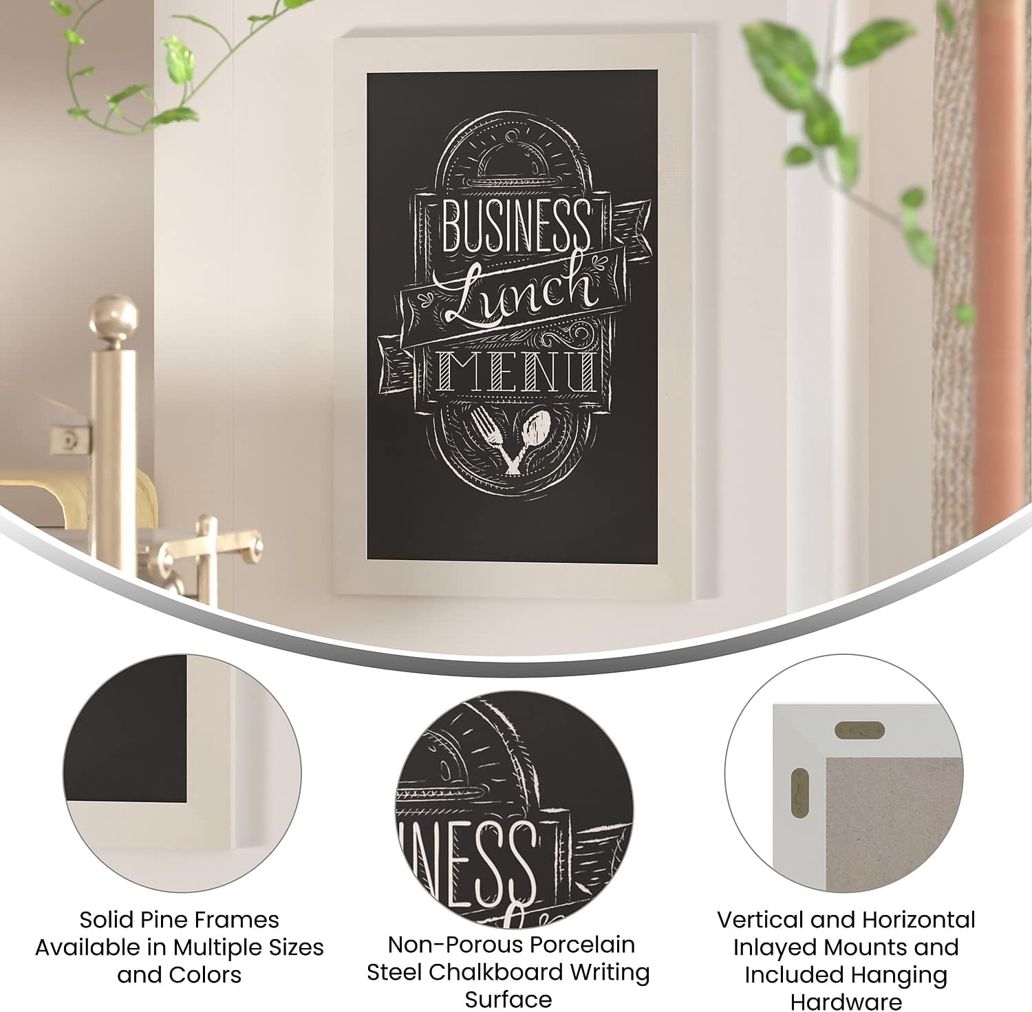 Flash Furniture Canterbury Wall Mount Magnetic Chalkboard Sign with Eraser - White Finish - 20" x 30" - Vertical or Horizontal Hanging Message Board