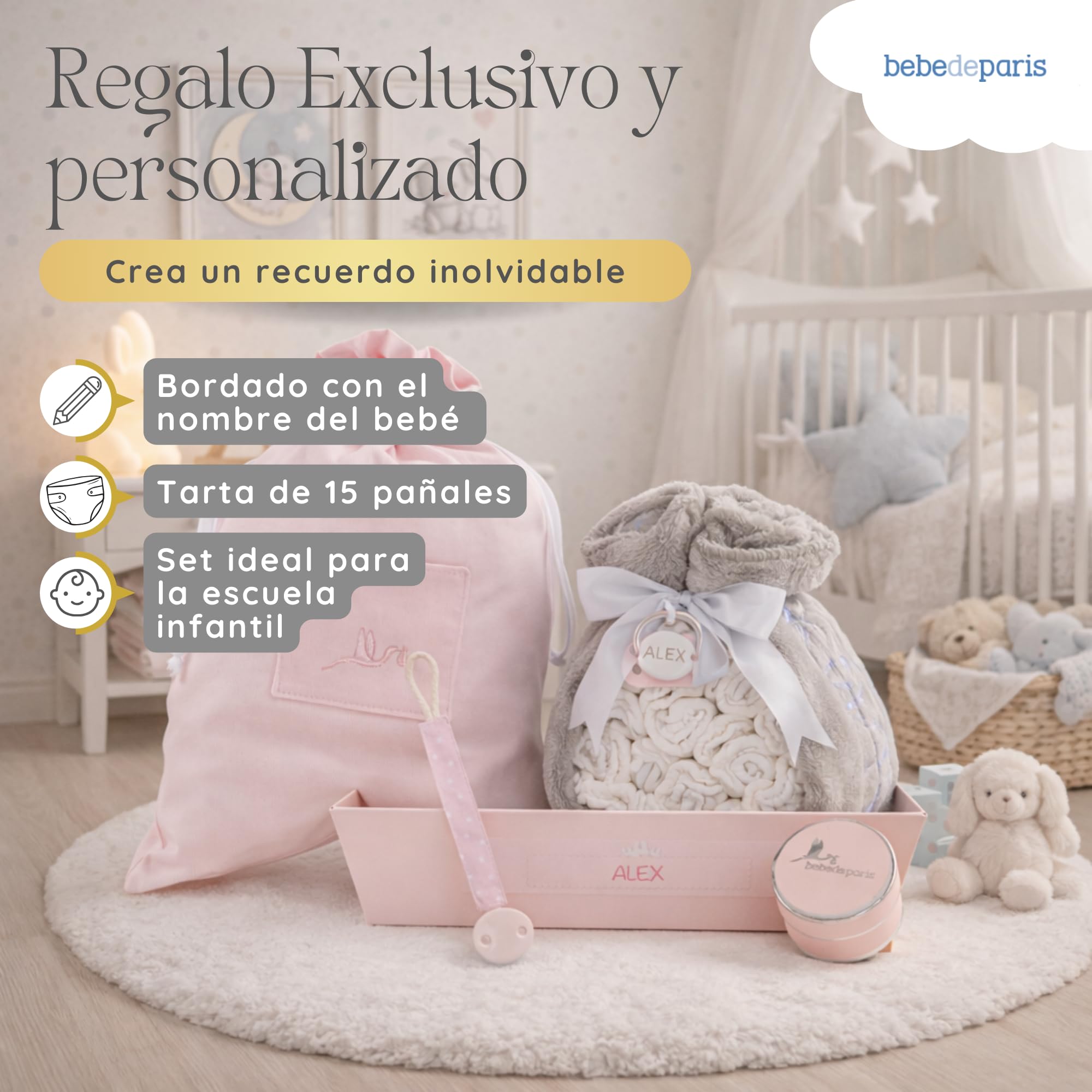 Tarta de Pañales para Recién Nacida con Manta Bordada + 15 Pañales Talla 2 + Chupete Personalizado Rosa | BebeDeParis