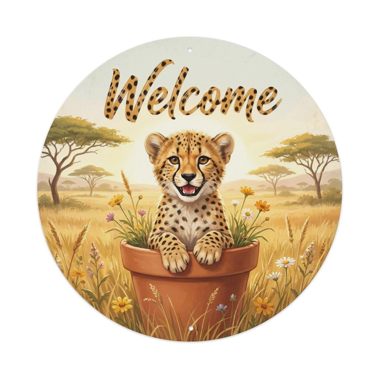 Okahys 8X8inch(20X20cm) Welcome Cheetah Golden Grass Metal Tin Sign
