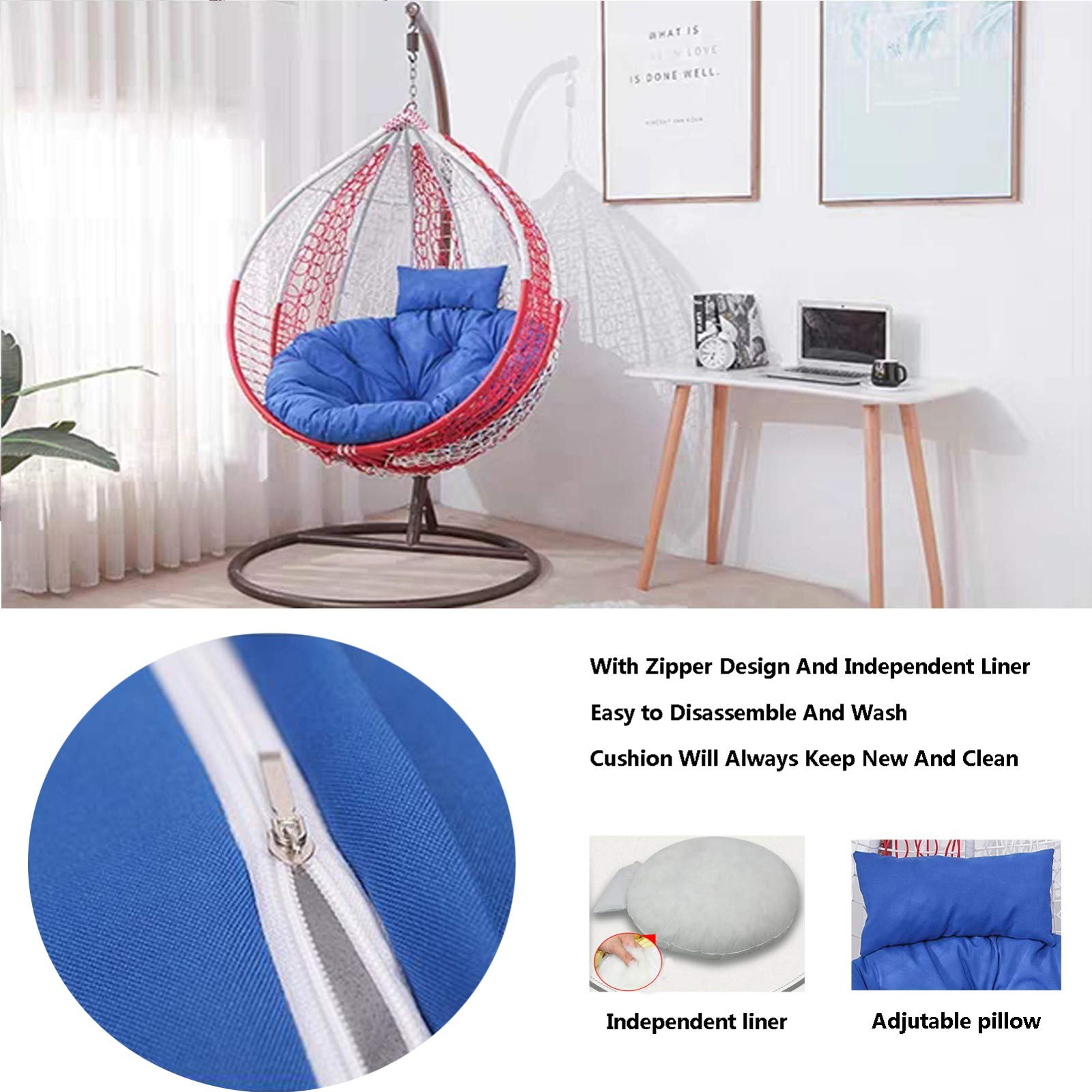 Lot de 2 coussins de chaise hamac suspendus avec oreiller réglable, épais et lavable, coussin papasan rond de rechange pour balancelle en rotin, beige