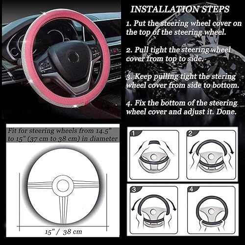 Miniatura 7 de Funda para volante femenino, accesorios brillantes para automóvil, 15 pulgadas, funda de cuero para volante de automóvil, se adapta a la mayoría de