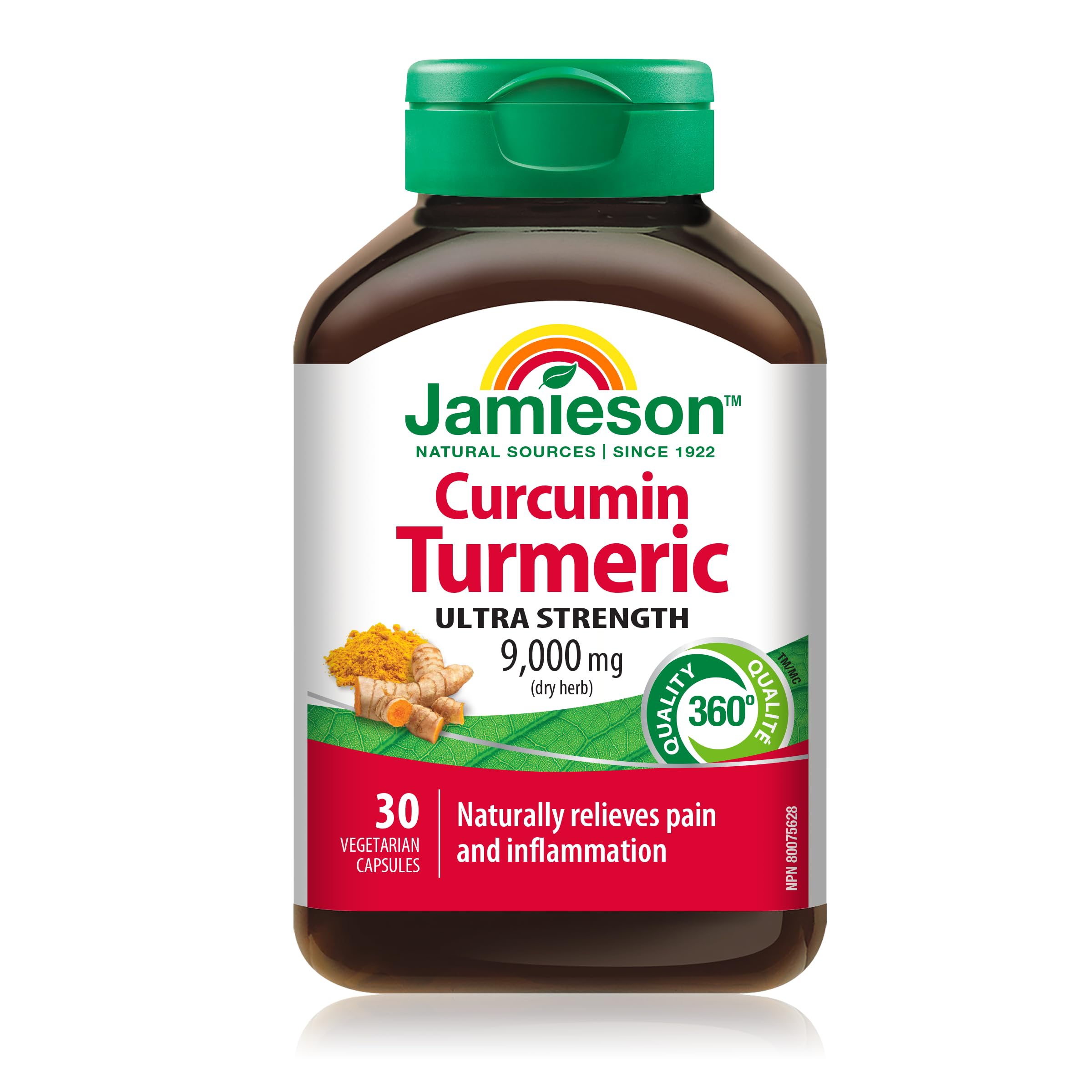 Jamieson Turmeric 9,000 mg, Ultra Strength, Provides Natural Joint Pain Relief, Supports Inflammation, and Helps with Digestion. NON-GMO, Gluten-Free, 30 Vegetarian Capsules, Proudly Canadian