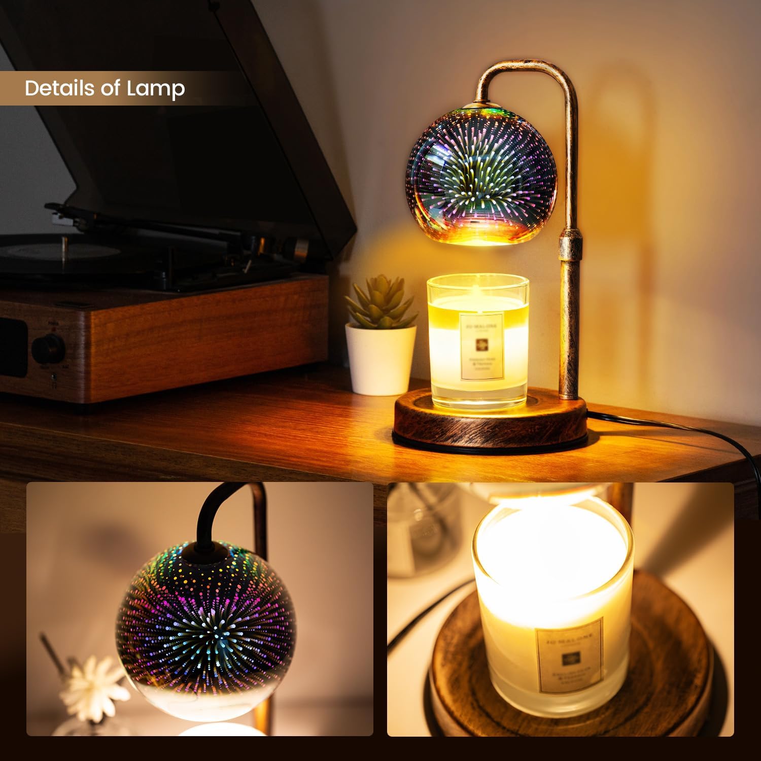 Glocusent Candle Warmer Lamp with Timer, 3D Glass Globe, Retro wood-grain metal base, Dimmable Height Adjustable Candle Warmer for Jar Candles, Home Decor & Gifts for Women, Firework patterns, 2 Bulbs