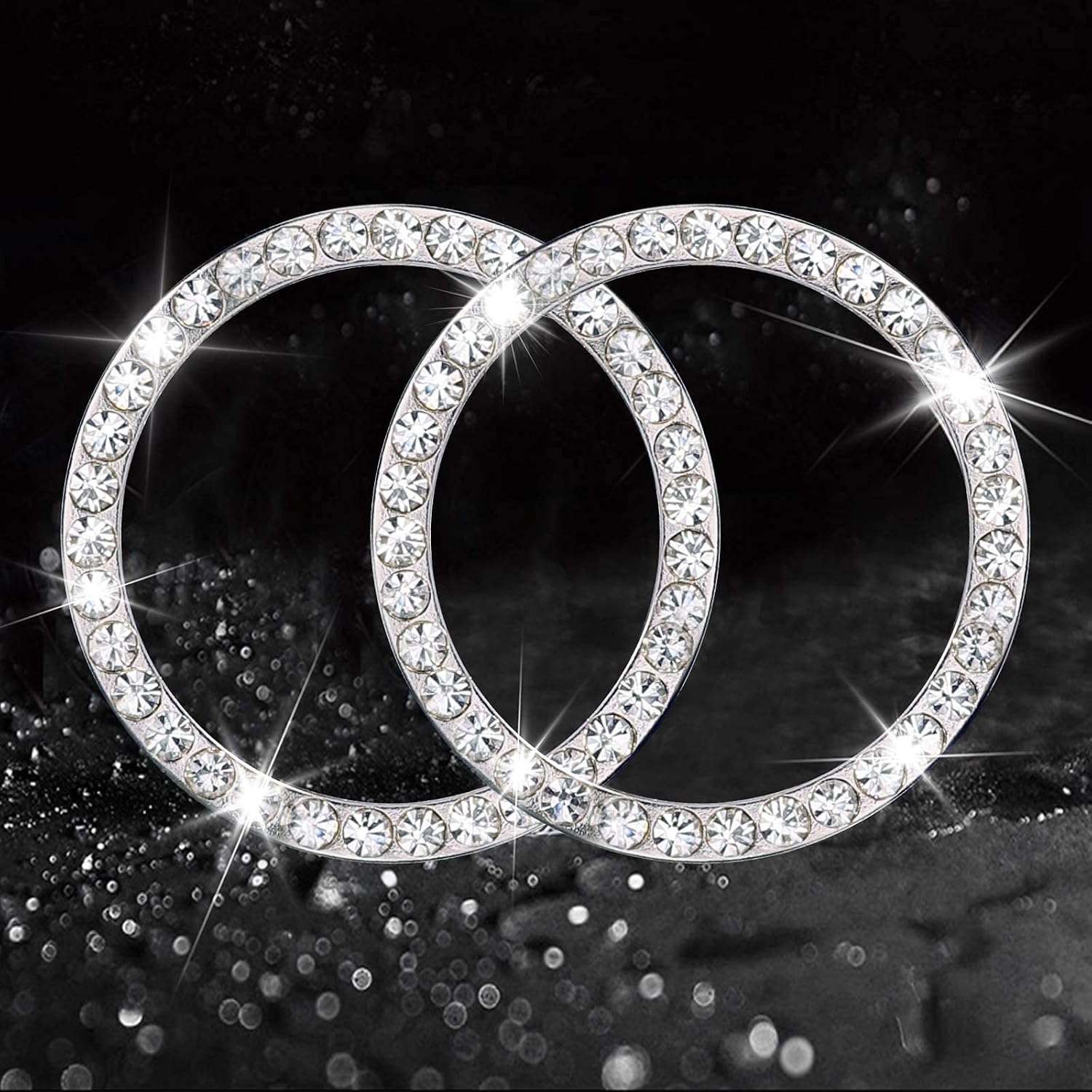 2 PCS Bling Car Crystal Rhinestone Ring Car Decor Accessories for Auto Start Engine Ignition Button Key Ignition Starter or Knob Ring, Bling Car Accessories Ring Emblem Sticker for Women (Silver)