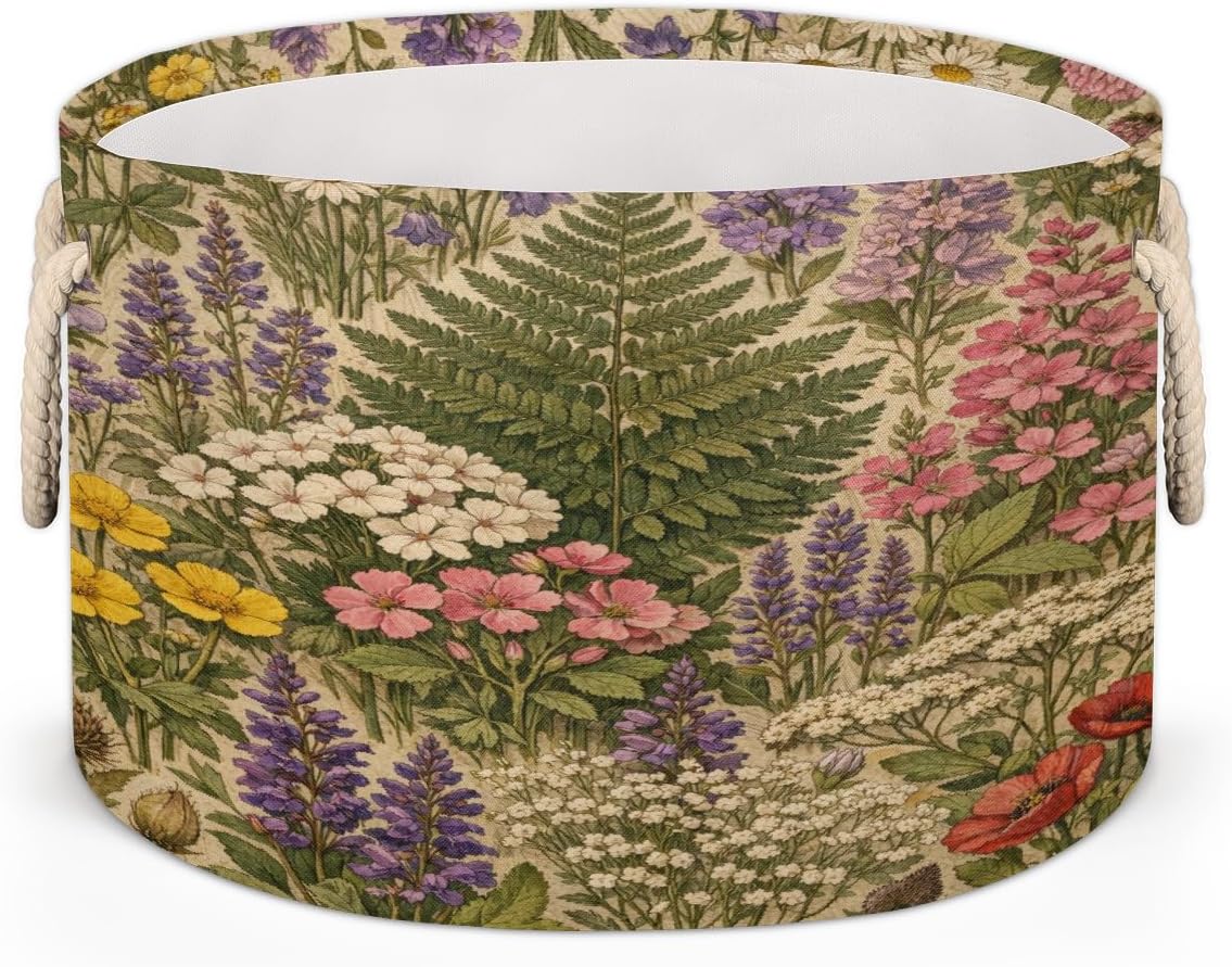 Large Storage Baskets - Vintage Botanical Wildflower Nursery Round Collapsible Organizer Bin Box, Laundry Hamper for Kids Toys, Blanket, Bedroom Living Room Home Decor, Gift Basket, 19.4"x13.3"