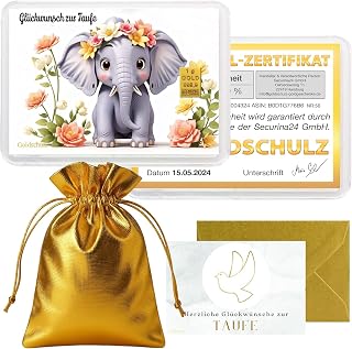 Goldschulz Goldbarren 1g 1 Gramm Motivbox - Zur Taufe Elefant - Geschenk + Echtheitszertifikat