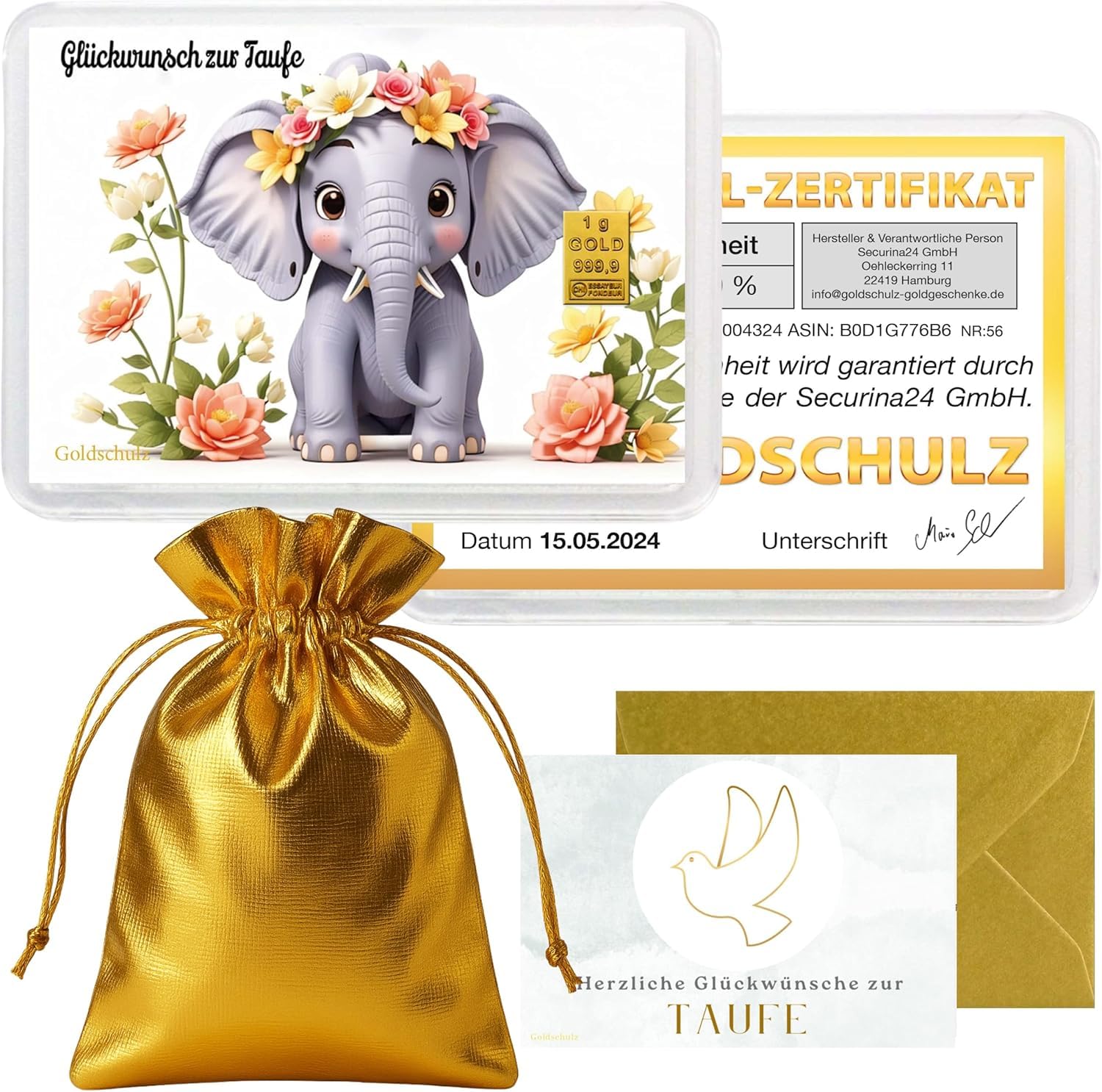 Goldbarren 1g 1 Gramm Motivbox - Zur Taufe Elefant - Geschenk + Echtheitszertifikat