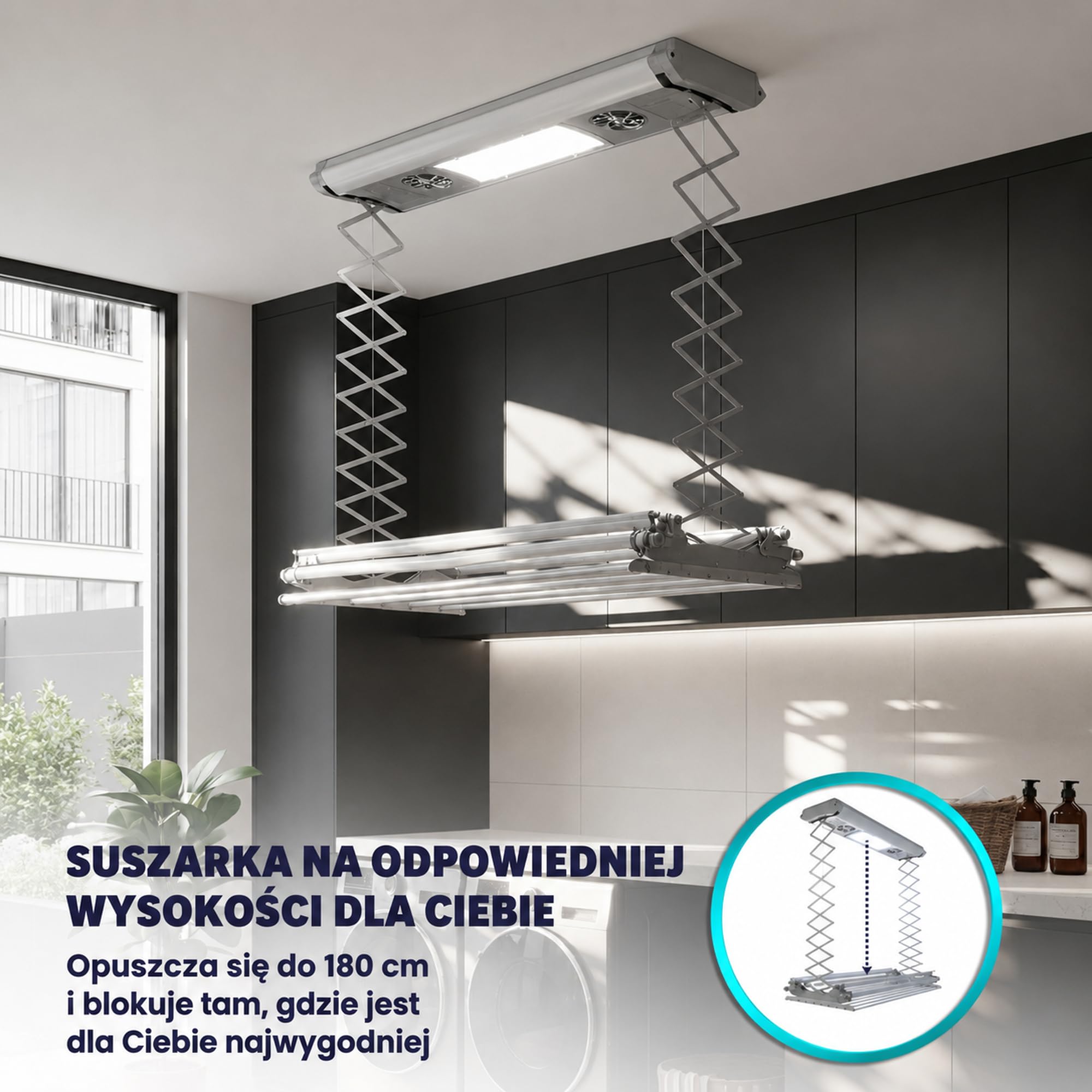 Foxydry Air, elektryczna suszarka sufitowa, sterowana pilotem, 160 cm | oszczędność miejsca, z aluminium, automatyczna, rozsuwana, do pościeli, udźwig 35 kg, szara
