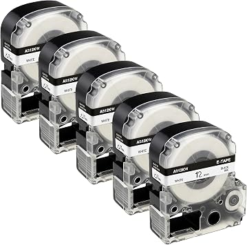 5-Pack Aonomi Compatible Label Tape Replacement for Epson LK-4WBN SS12KW Label Tape Cartridges, 1/2 Standard LK LC Black on White Tape for Epson LabelWorks LW-400, LW-300, LW-600P Label Printer
