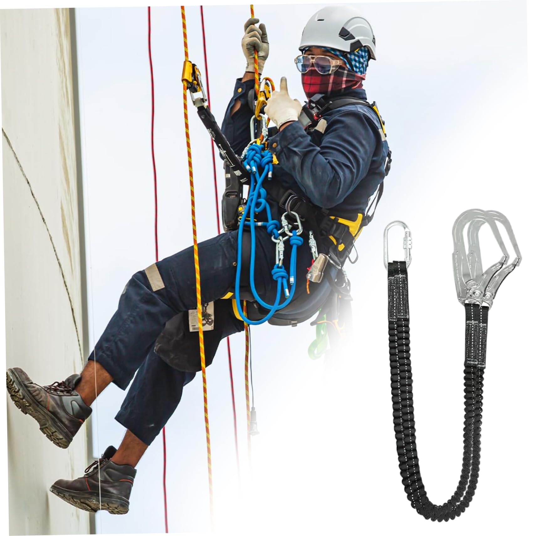 Longe de protection contre les chutes, longe de harnais sécurité élastique à double crochet 25 kn, harnais sécurité absorbant les chocs pour l'alpinisme en plein air, l'escalade, la toiture, le
